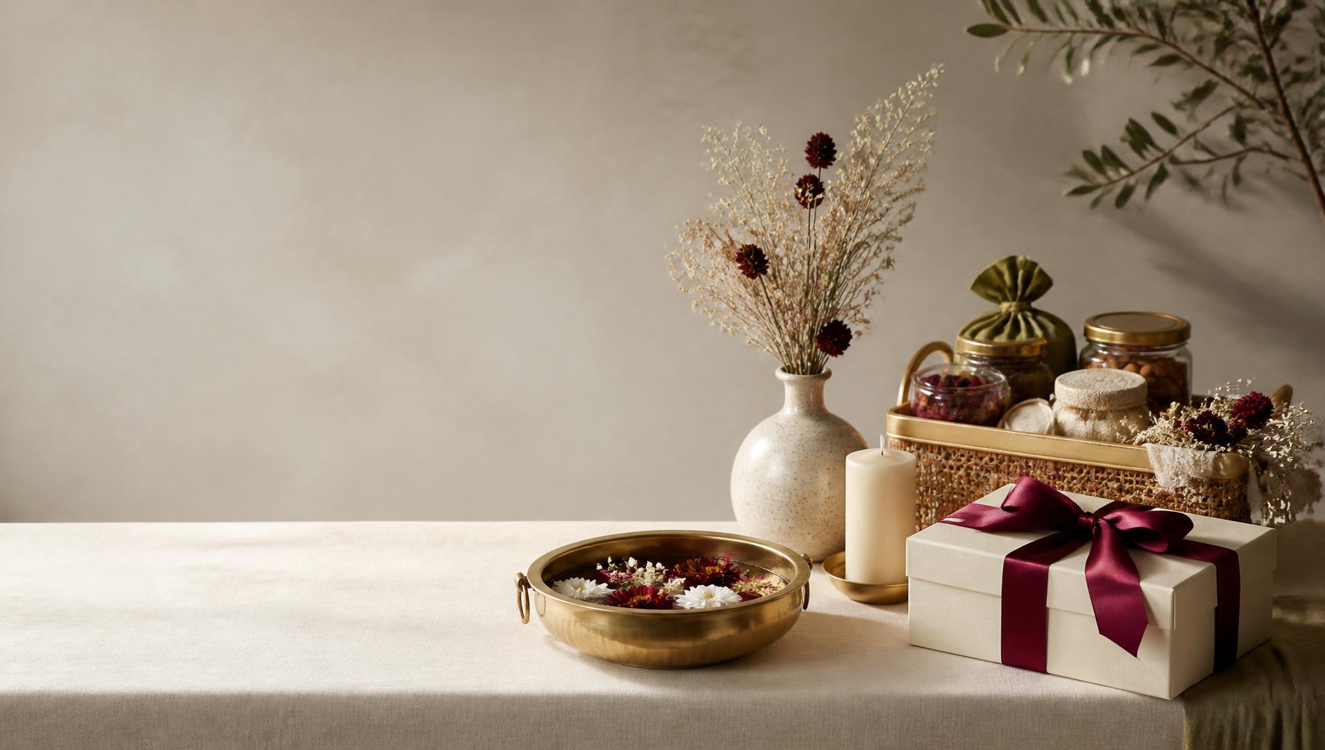 Brass urli, ivory candles, ceramics and a ribboned gift box in warm daylight